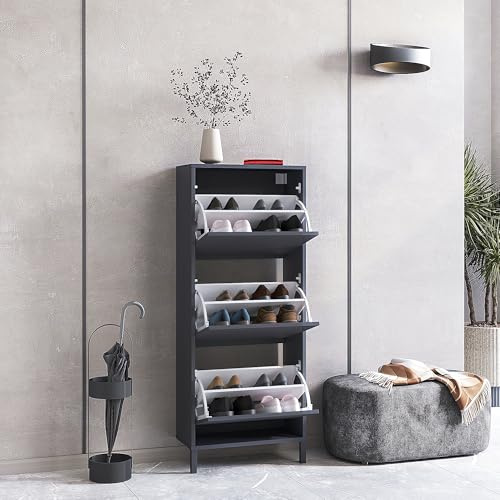 KOMTO Schuhschrank Schmal - Schuhregal Geschlossen mit 3 Klappen | Schuhkipper Anthrazit Trek 55 x 25 x 137 cm (BxTxH)