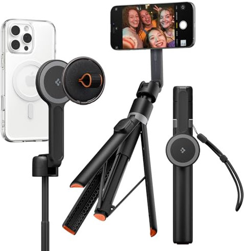 Spigen 66 MagSafe Auto-Opening Selfie Stick Tripod Dual Magnetic Mount, Bluetooth Remote, Extendable & Foldable Included Metal Ring & Wrist Strap for iPhone, Galaxy, Pixel, Xiaomi etc - Black