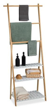 Relaxdays Toallero de Pie, con 3 Barras, 3 Baldas, 151x64,5x32 cm, Colgador Toallas Ducha, Bambú, Baño, Natural/Blanco, Tablero de Fibras