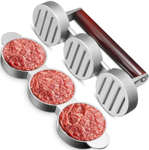 HERMARM Presse à hamburger à 3 fentes en aluminium anti-adhésif avec poignée en bois pour barbecue, pique-nique et camping (mini)