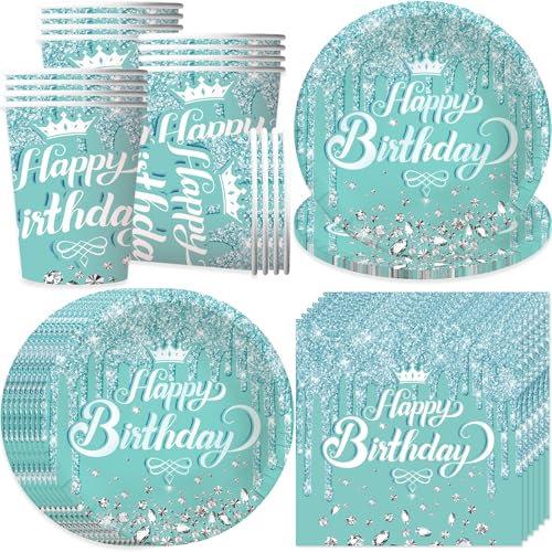Bikasun Juego de vajilla de fiesta para 16 invitados, color azul con diamantes, vajilla de cumpleaños, vasos, servilletas, platos de papel, decoración de mesa para niñas y niños