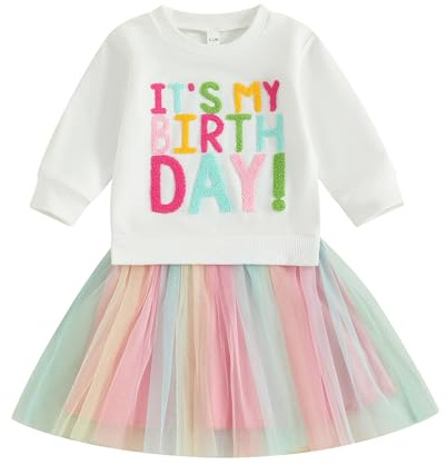 MAHUAOYIXI Toddler Girls Birthday Dress Long Sleeve Letter Embroidery Tulle Tutu Skirt Layered Tiered Puffy Hem A-Line Princess Dress Sweatshirt Pullover Baby Girl Birthday Outfits