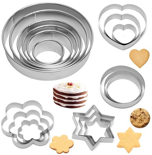 18 Pcs Cookie Cutters Shapes Baking Set, 6 Round Pastry Cookie Cutter Set with 12 Heart Flower Round Star Shape Biscuit Stainless Steel Metal Molds Cutters for Pastry Biscuits Kitchen Baking Birthday