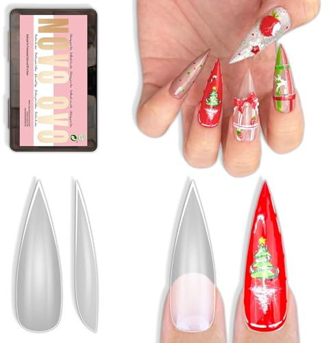 NOVO OVO Long XL Sharp Stiletto Pointed Nail Tips Press on, Extra Long Soft Gel Double Matte Clear Fake Nail Extension, Full Cover False Nails for Acrylic, for Salon DIY x 16 Sizes 224 pcs