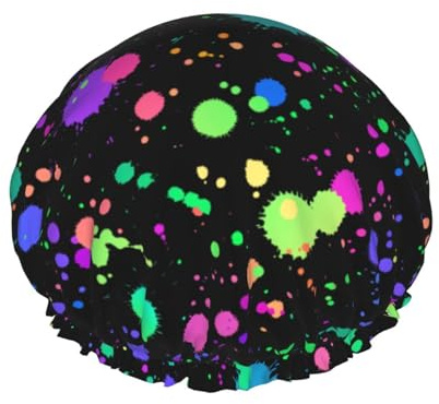Glow In Dark Splatter Neon Shower Cap Reusable Double Waterproof Layers Bathing Shower Hat Hair Protection Shower Hat
