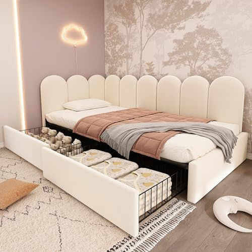 BTM Upholstered Single Bed with 2 Drawers, 3FT-90x190cm Daybed for Kids and Adults, Single Bed Frame with Slatted Frame, Velvet Beige(No Mattress)