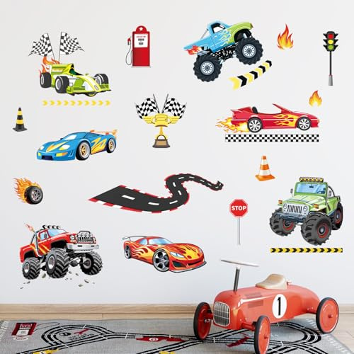 FUFUQUARE Wandtattoo Autos Transporte Fahrzeuge Wandaufkleber Junge bunt Rennauto Straße Wandsticker für Kinderzimmer Babyzimmer Spielzimmer Schlafzimmer Hause Wanddeko