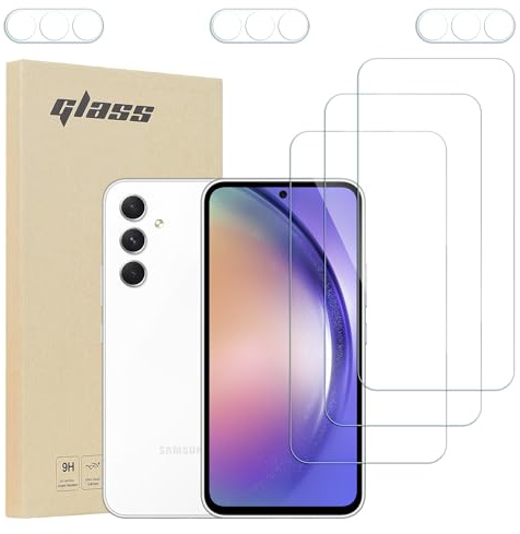 3 pièces Film de protection en verre trempé pour écran & 3 pièces Protection pour caméra pour Samsung Galaxy A54 – Dureté 9H, Résistant aux rayures, Anti-empreintes digitales