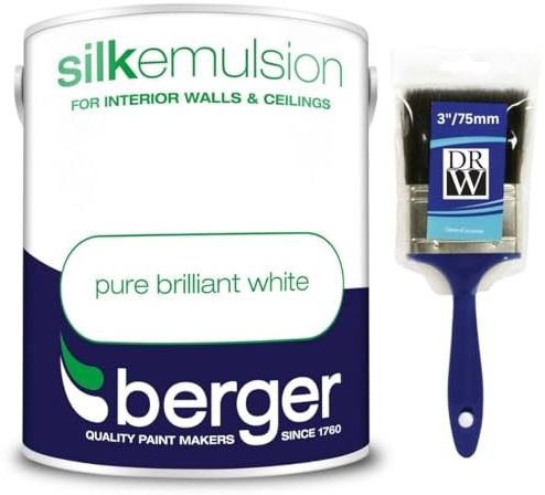 DRW Pure Brilliant White Walls and Ceilings Vinyl Silk Emulsion Paint 5L+3 Paint Brush| Interior Wall and Ceiling Paint | Smooth Flat Silk Finish | Durable Everyday Room