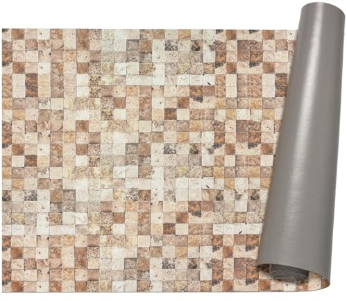 ANRO Küchenläufer Teppich Läufer Flur Küchenteppich rutschfest Küchenmatte PVC abwaschbar Flurläufer pflegeleicht Travertin Mosaik 260 x 67 cm