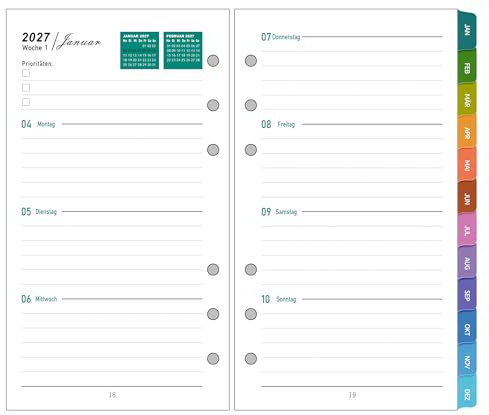 2027 Wochenplaner Einlagen Personal A6, 6 Löcher, Deutsch, 1 Woche auf 2 Seiten, mit farbigen Tabs, Januar–Dezember 2026, 100 g/m² dickes Papier, Kalendereinlagen für Ringbuch Planer