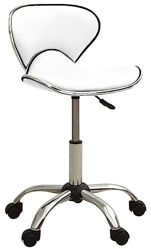 Ordellia Friseur Rollhocker Weiß Kunstleder, Friseurstuhl, Salonstuhl, Bedienstuhl, Drehstuhl mit Gasdruckfeder, 5 Rollen, 110 kg Tragkraft für Friseursalon Barbershop Kosmetikstudio