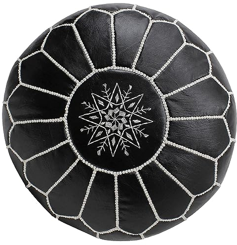 ALMADIH Marokkanischer Echtleder Pouf Leder Sitzkissen schwarz - gefüllt geliefert - 100% Handarbeit Sitzsack Ottoman orientalische Lederkissen Bodenkissen (Pouf schwarz)