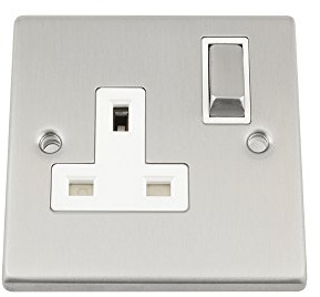 Steckdose 1-Gang – Satin Chrom matt quadratisch, weiß einfügen – Metall-Kippschalter – 13 A Einfache Steckdose