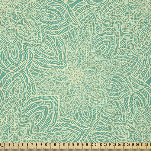 ABAKUHAUS Blumen Stoff als Meterware, Überlappende Mandala-Runden, Microfaser Multi Zweck Dekostoff für Kunsthandwerke, 3M (230x300cm), Meeresgrün und Creme