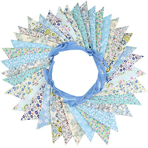 10M/32Ft Triangle Bunting Banner, 36 Pcs Cotton Fabric Flags Pennant Garlands for Birthday Party, Wedding, Baby Shower, Outdoor and Home Decorations (Blue)