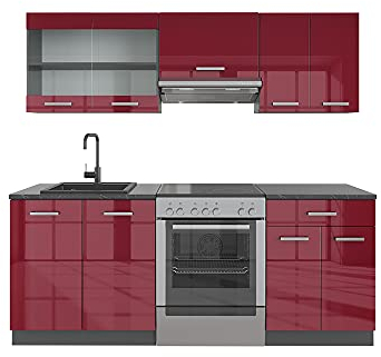 Vicco Mueble de Cocina R-Line, Burdeos Brillo Intenso/Antracita, 200 cm sin encimera