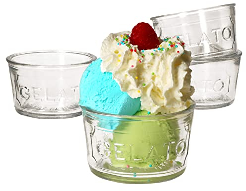 MamboCat 4er Set Gelato Eisbecher 150 ml I Eis- und Dessertschalen stapelbar I Eisschälchen und Puddingschalen aus Glas I runde Dessertgläser transparent I Eiscreme Becher mit Schriftzug Ø 9 cm