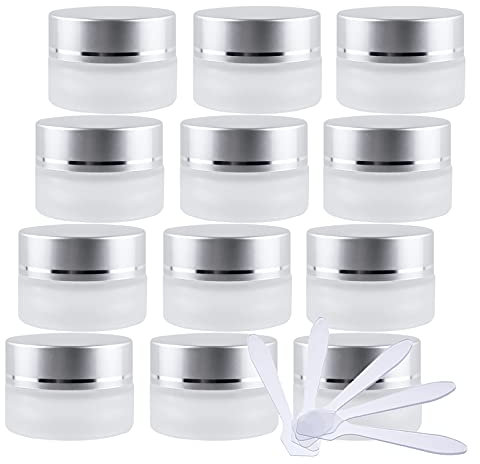 ZEOABSY 12 Stück Matt Transparente Leere Glas Cremedose 5ml mit Silber Deckel, Rund, Schraubdeckel, Kosmetik Dose für Gels Cremes + 12x Spatel