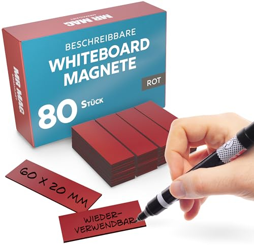 MrMag® 80 Magnetstreifen zum beschriften - rot - Whiteboard Magnete 60x20mm - Magnet-Etiketten beschreibbar - beschreibbare Magnetschilder