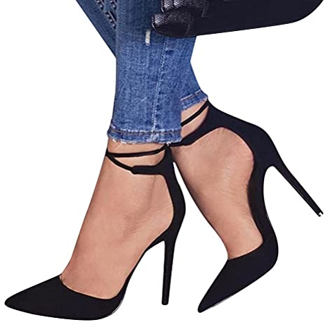 ticticlily Damen Sandalen Schnürsenkel Knöchelriemchen Wildleder Pumps Spitze Zehen Stiletto Hohe Absatz Schuhe A Schwarz 39 EU
