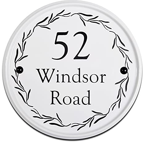 Personalised Ceramic House Sign – 24cm Circle, White Gloss, Engraved House Number Plaque with 3 Font & Floral Design Options – Outdoor Home Entrance Door Plate by Signs & Numbers