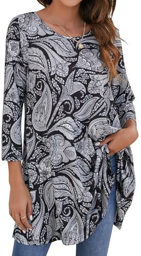 Enmain Black Tunic Tops for Women Tops Casual Longline Ladies 3/4 Sleeves Tunic Dress UK Elegant Tunics Blouse Shirts for Leggings,Black/White,M