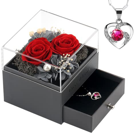 SHOKUTO Cadeau Femme-2 Vraie Rose éternelle avec Collier, Anniversaire Saint Valentin Noël Fête des Mères Cadeaux pour sa Femme Maman Grand-Mère Amie
