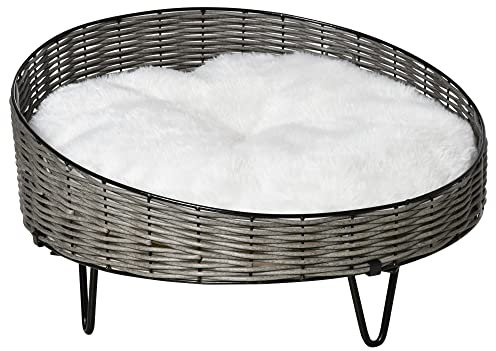 PawHut Panier Chien Chat lit canapé Fauteuil pour Animaux Style Cosy Chic avec Coussin Lavable Aspect Fourrure Blanc - Pieds Acier en épingles - Ø 60 x 32H cm - résine tressée Grise