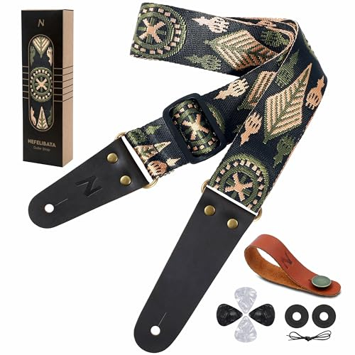 Nefelibata Gitarrengurt, Nylon Gitarrengurte mit Kopf Rindsleder Enden für Bass, elektrische & akustische Gitarren, kostenloser Gurtknopf, 1 Paar Gurtschlösser und 4 Gitarrenplektren