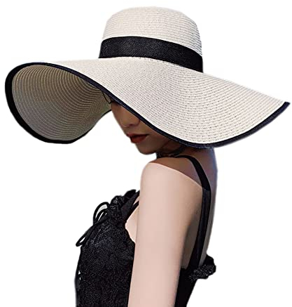 Damen Sonnenhut aus Stroh UPF 50 mit breiter Krempe Strand Sommer UV-Schutz Hut für Frauen faltbar verstellbar