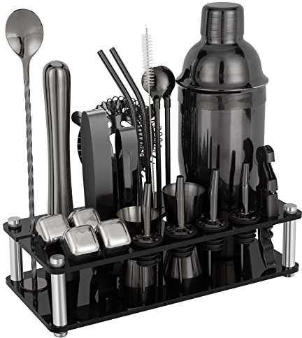 KinGrow 23 Piece Cocktail Shaker Set Bartender Kit with Acrylic Stand & Cocktail Recipes Booklet, Professional Bar Tools for Drink Mixing, Home, Bar, Party (Include 4 Whiskey Stones) - Black