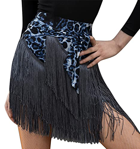 SEAUR Latein Tanzrock Damen Bauchtanz Hüfttuch Fransen Rock Ballsaal Rumba Cha Cha Samba Tanzkleid Blau