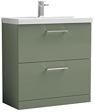 nuie ARN835A Arno Modern Bathroom Floor Standing 2 Drawer Vanity Unit with Mid-Edge Ceramic Basin, 800mm, Satin Green