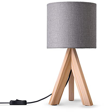 Paco Home Tischleuchte Dreibein Nachttischlampe Stehlampe Schlafzimmer E27 Stoff Lampenschirm E14 Mit Schalter Einfarbig, Farbe:Grau (Ø17 cm), Leuchtenart/Farbe:Tischleuchte - Natur