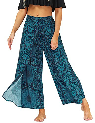 Lu's Chic Damen Boho Pants Weites Bein Gaucho Harem Yoga Flowy Bohemian Indian Side Split Palazzo, A-gemustert1, S/M