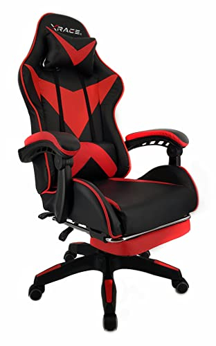 xRace Gaming Stuhl, Bürostuhl, Ergonomischer Pc Stuhl, Gaming Sessel aus Leder mit Lendenwirbelstütze, Verstellbarer Drehbarer, Task Stühle mit Fußstütze und Kopfstütze, Rot