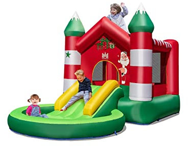 DREAMADE Château de Noël Gonflable pour Enfant avec Trampoline, Toboggan et Piscine, Château Aquatique avec et Sac de Transport pour Enfant 3-10 Ans, 390X210X220 CM (avec 480W Ventilateur)
