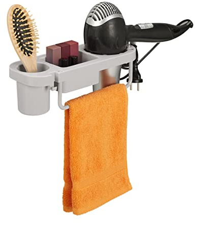 Relaxdays Hairdryer Without Drilling, Plastic, Cable Holder & Shelves, Wall, HxWxD 9x30x10,5 cm, Grey, 9x30x10.5 cm