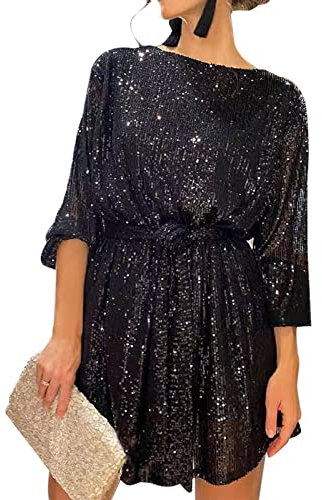 Women Long Sleeve Sequins Glitter Dress Party Sparkle Loose Fit Shift Mini Short Dress with Belt (Black, M)