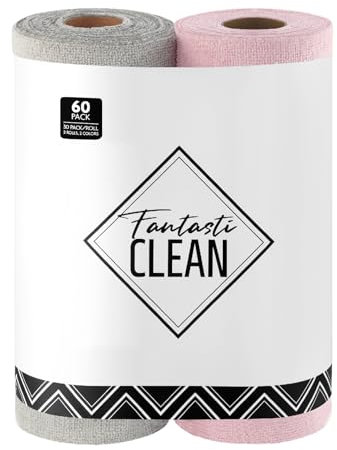 Fantasticlean Microfiber Cleaning Cloth Roll -60 Pack, Tear Away Microfiber Towels, 12 x 12, Reusable, Washable, Scratch Free, Ultra Absorbent Dishcloth for Car, Home Supplies (Pink & Grey)
