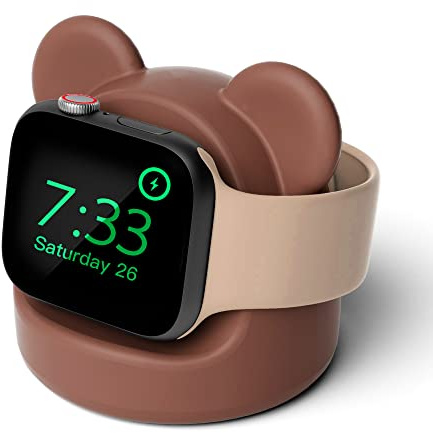 ELETIUO Ladestation Silikon Dock-Halter Kompatibel mit Apple Watch Series 8/Ultra/SE2/7/6/SE/5/4/3/2/1 (49/45/44/42/41/40/38mm), Bear iWatch Ladestation, Unterstützt Nachttischmodus, Braun