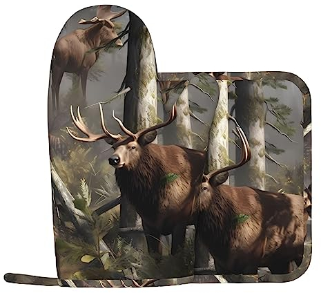 Jagd Hirsch Bär Elch Gedruckt Ofenhandschuhe Und Topflappen Sets Hitzebeständige Rutschfeste Ofenhandschuhe Für Küche Kochen Backen BBQ