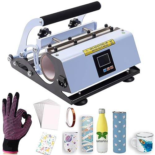 Tumbler heat press Verres heat press pour 20OZ 30OZ heat sublimation serré droit bocaux en verre et 11-15OZ mugs avec 20 morceaux de papier Hot Tape Glove. (Bleu clair)