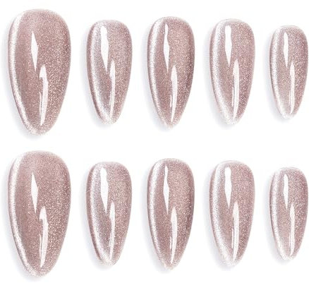 Sun&Beam Nails Handgefertigte Kunstnägel Mittel Lang Mandel Nägel zum Aufkleben in Braun Beige Magnetisches Minimalistisch Glänzend Design mit Klebepads 10 Stück (#122 S)