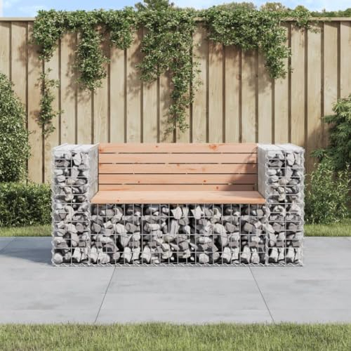 Homgoday Gabionenbank Bank Sitzbank Parkbank Gabione Steinkorb Drahtkorb Gartenbank Bänke Gabionenkorb Ruhebank Gartenbank aus Gabionen Garten Balkon Bank 143x71x65,5 cm Massivholz Douglasie
