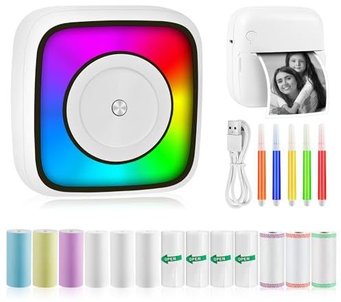 GuKKK Mini Impresora para Movil, Impresora Fotográfica, Portátil Mini Impresora Bluetooth Impresora Termica, Inalámbrico Impresora Térmica con LED de 7 Colores, Movil Impresora Fotos, para Fotos Nota