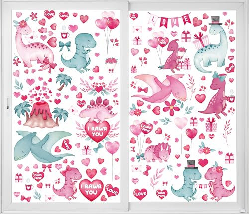12 Blätte große Fensteraufkleber zum Valentinstag, Valentinstagsdeko, Valentinstags-Dinosaurier-Dekorationen, Valentinstags-Dekorationen, Dino-Fensteraufkleber, Valentinstagsgeschenke