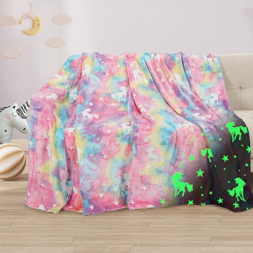 Catalonia Classy Kuscheldecke Kinder Leuchtet im Dunkeln Einhorn, Weich Flauschig Fleece Plüsch Kinderdecke für Sofa Bett, Kuschelig Warme Geschenk Decke für Mädchen, 150 x 130 cm, Rosa