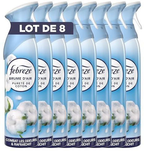 Febreze Spray Désodorisant Parfum Pureté de Coton 185ml x 8 | 2en1. Combat efficacement les odeurs. Laisse un parfum frais.